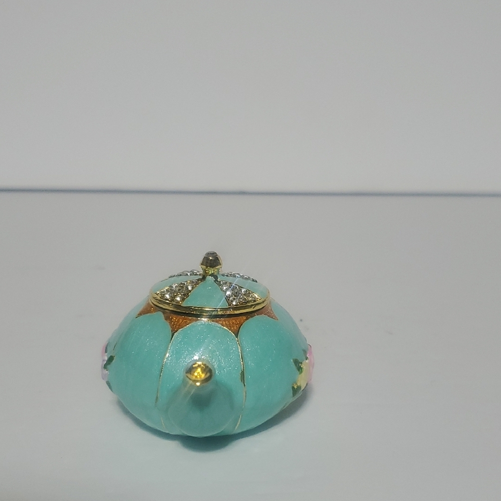 Floral Teal Miniature Teapot Trinket Box - Picture 2 of 12